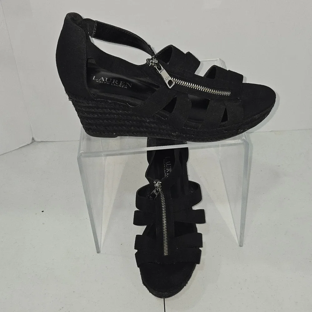 Lauren Ralph Lauren Kelcie Black Canvas Wedge Espadrille Sandals Womens 9B AC658